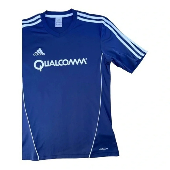 Adidas Qualcomm Climalite 3‎ Stripes 
Soccer Jersey 
Blue 
Men’s Size Small​​ - Picture 1 of 5
